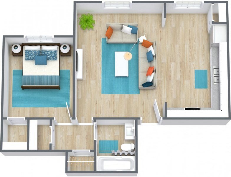 Three dimensional floor plan of one bedroom at Sol Towers